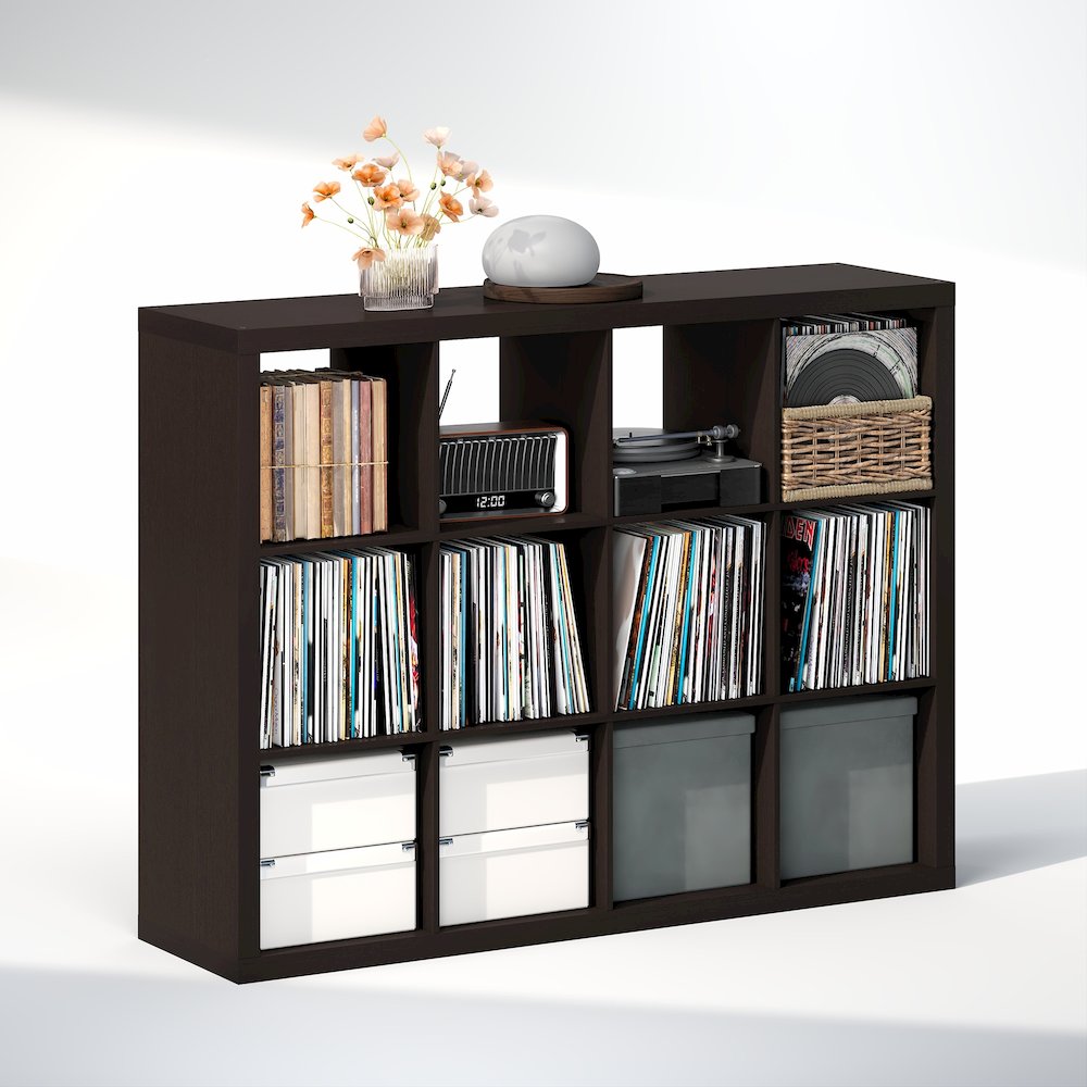 Extra Thick Frame Decorative Vintage Media Storage Organizer, 12-Cube, Dark Oak. Picture 1