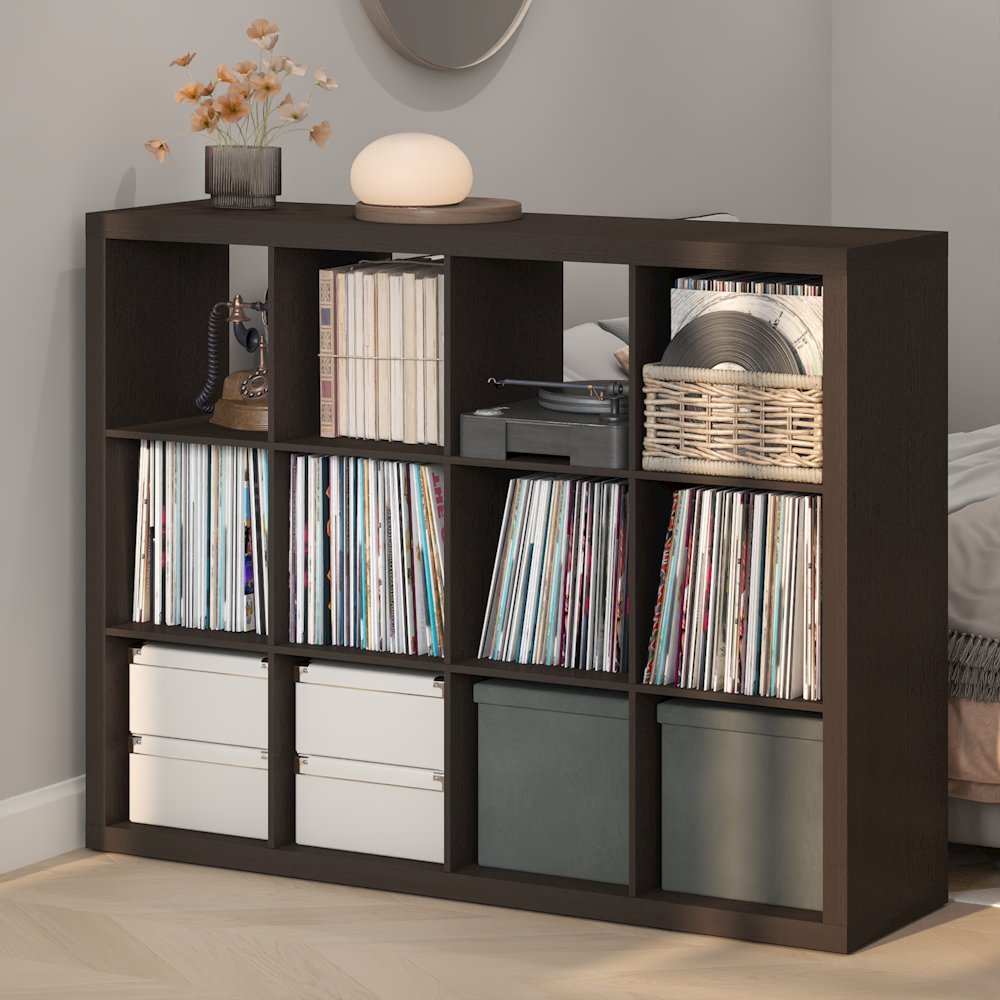 Extra Thick Frame Decorative Vintage Media Storage Organizer, 12-Cube, Dark Oak. Picture 3