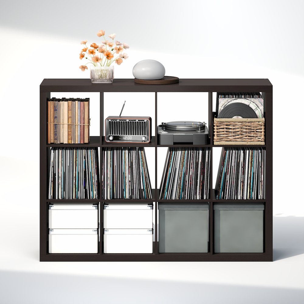 Extra Thick Frame Decorative Vintage Media Storage Organizer, 12-Cube, Dark Oak. Picture 2