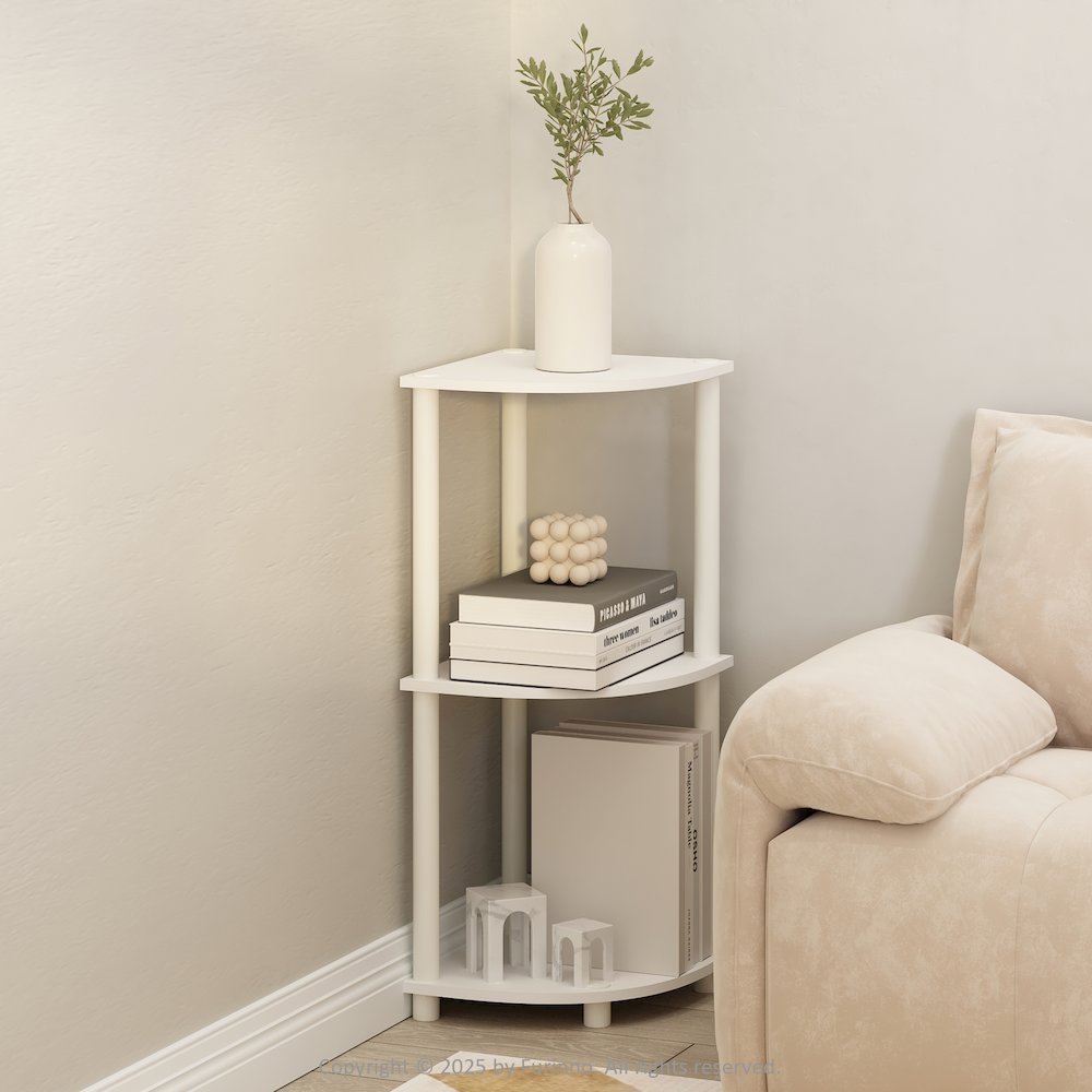 Turn-N-Tube 3-Tier Multipurpose Corner Shelf, Display Shelf, White/White. Picture 2