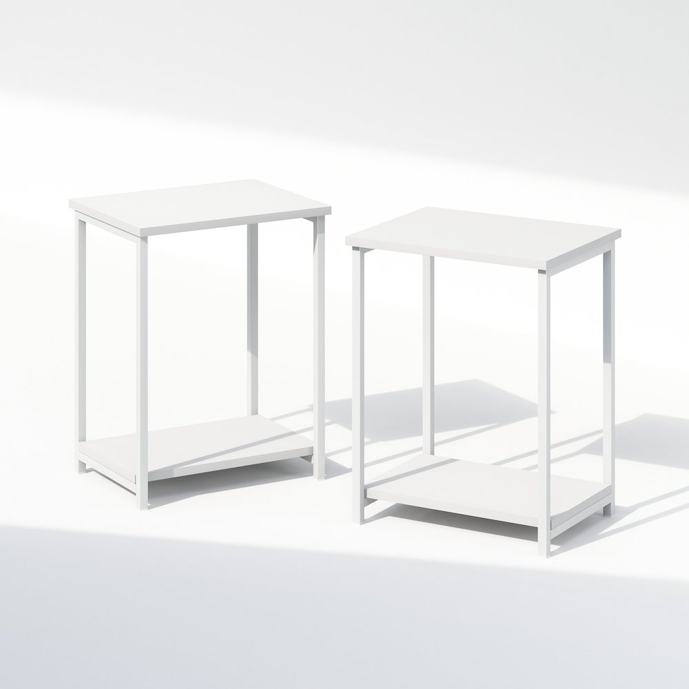 Industrial Metal Frame Nightstand, Bedside Table, 2-Pack, White/White. Picture 1