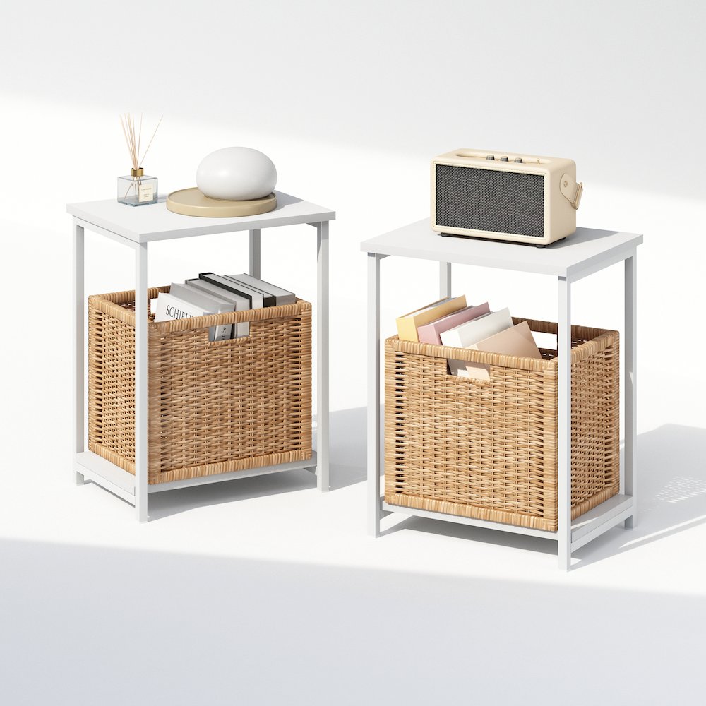Industrial Metal Frame Nightstand, Bedside Table, 2-Pack, White/White. Picture 5