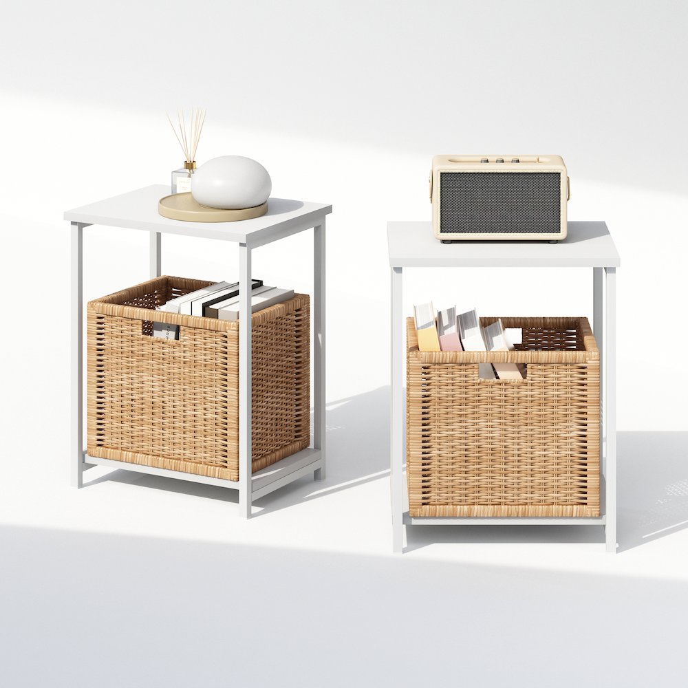Industrial Metal Frame Nightstand, Bedside Table, 2-Pack, White/White. Picture 6