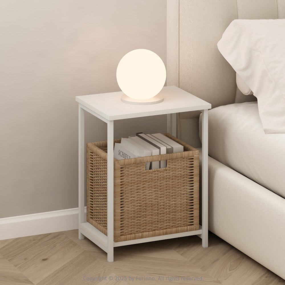 Industrial Metal Frame Nightstand, Bedside Table, 1-Pack, White/White. Picture 2