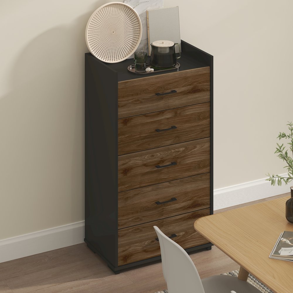 Modern 5-Drawer Kitchen & Dining Sideboard Buffet Storage, Columbia Walnut/Black. Picture 5