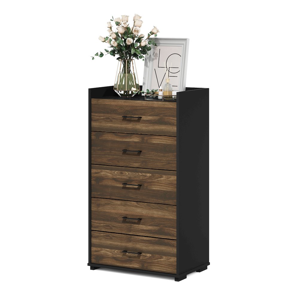 Modern 5-Drawer Kitchen & Dining Sideboard Buffet Storage, Columbia Walnut/Black. Picture 4