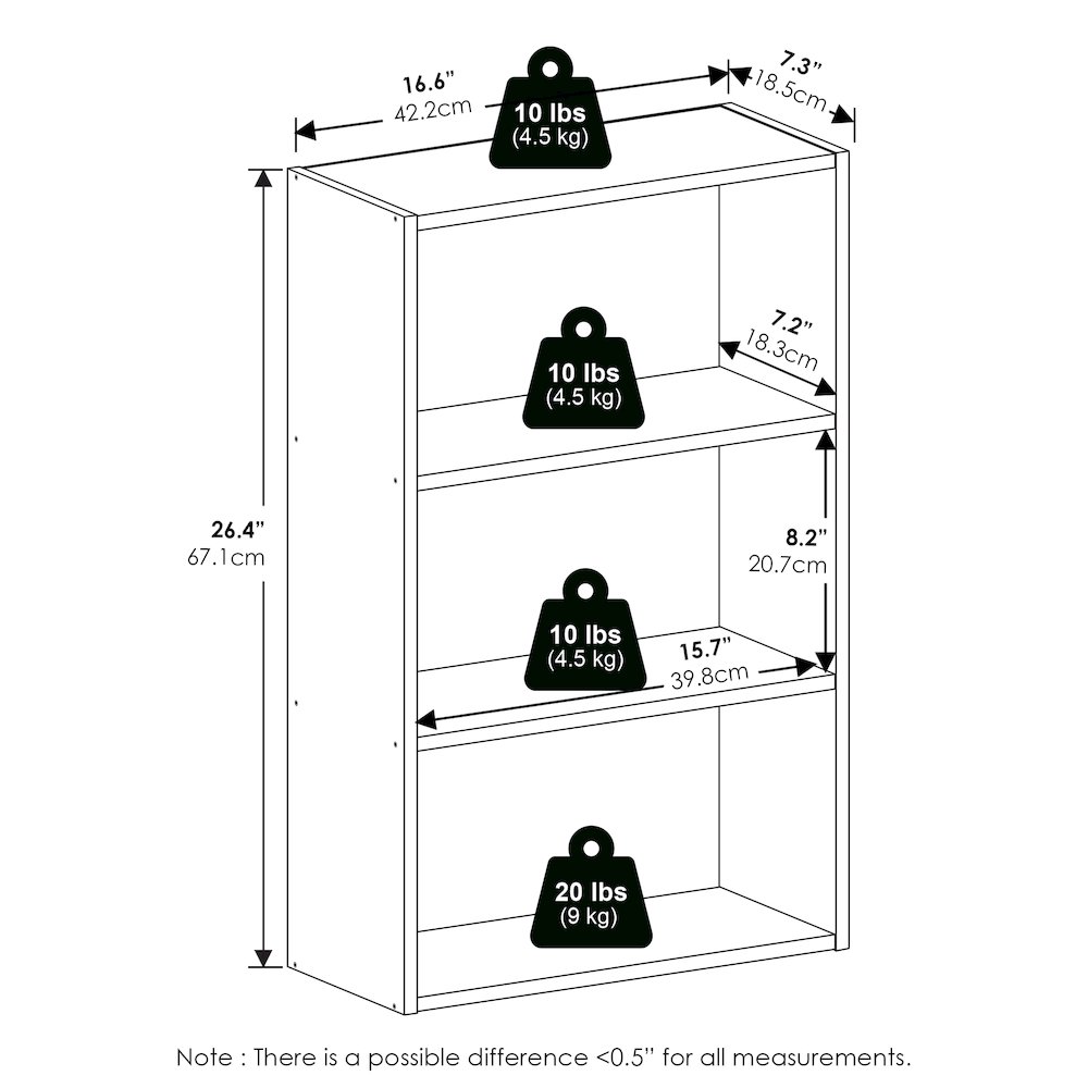 Basic 3-Tier Open Shelf Bookcase, Bookshelf, Storage Organizer, White. Picture 6