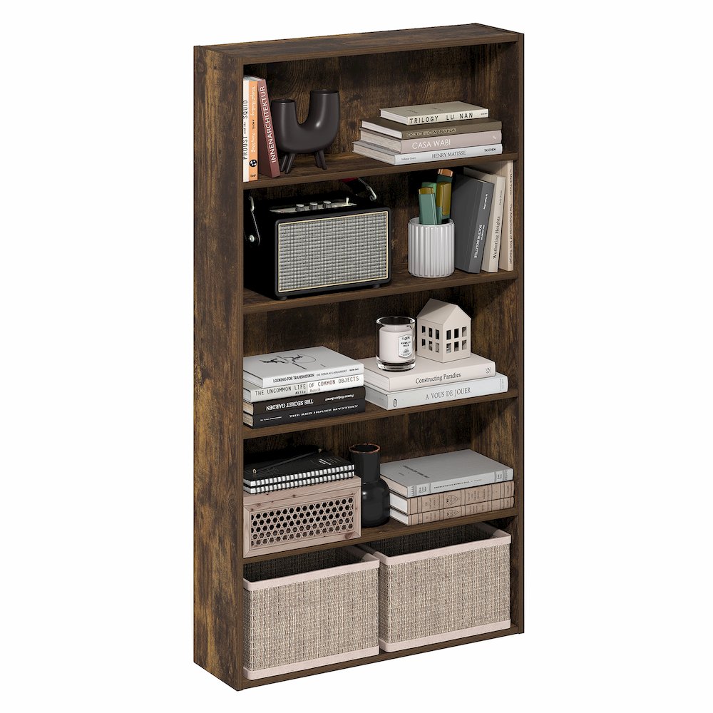 Basic 5-Tier Open Shelf Bookcase, Bookshelf, Storage Organizer, Amber Pine. Picture 3