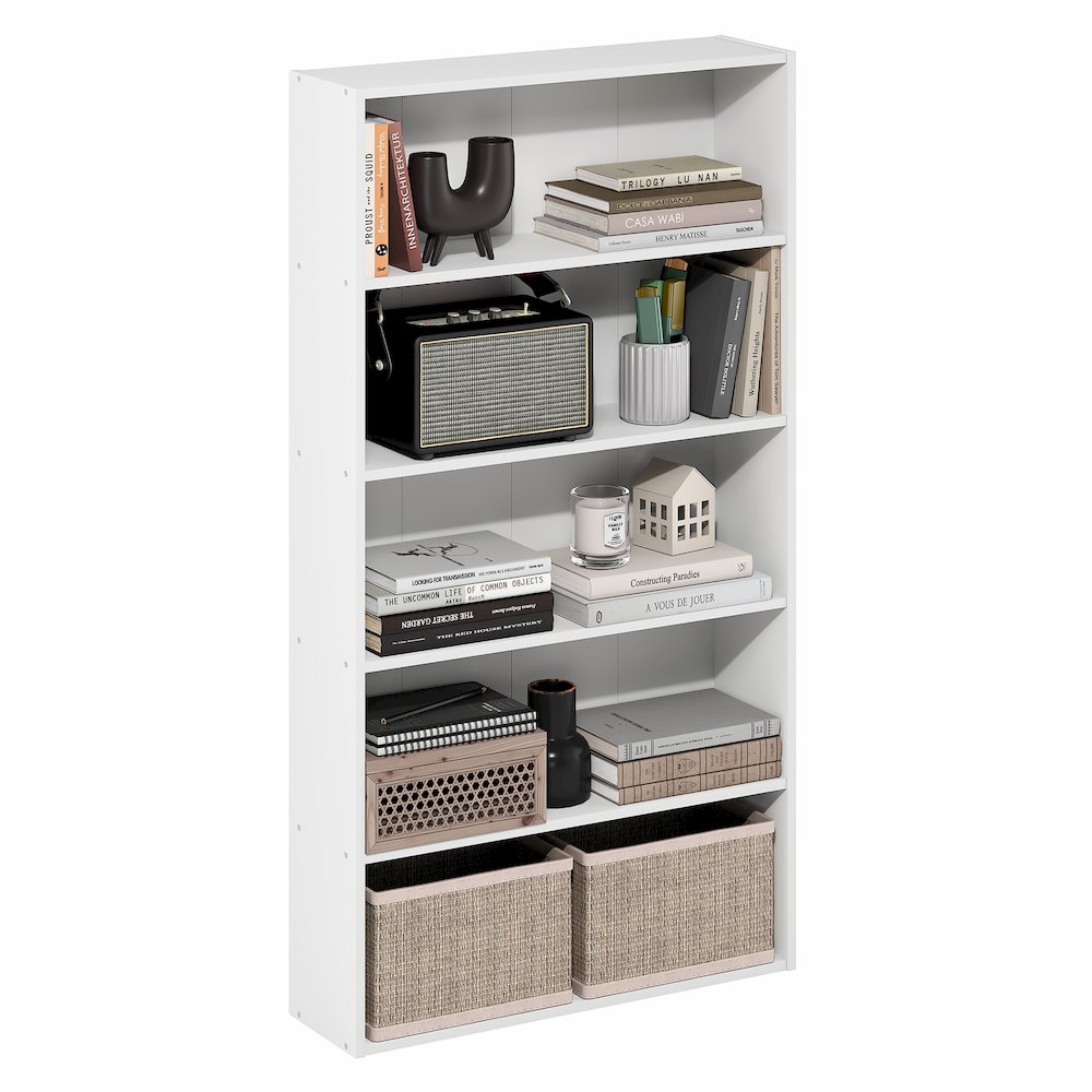 Basic 5-Tier Open Shelf Bookcase, Bookshelf, Storage Organizer, White. Picture 3