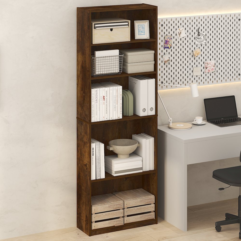 JAYA Simply Home Adjustable Shelf Bookcase, 5-Tier, Amber Oak. Picture 5