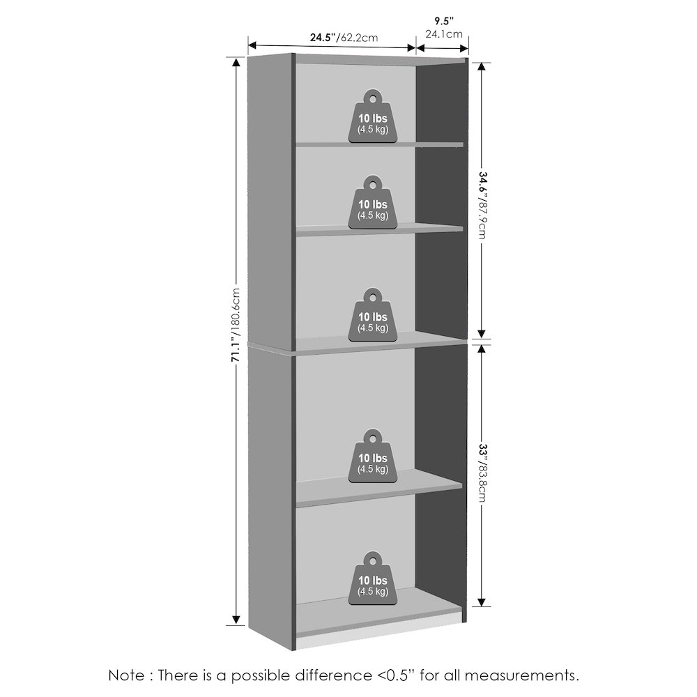 JAYA Simply Home Adjustable Shelf Bookcase, 5-Tier, Black Espresso. Picture 6