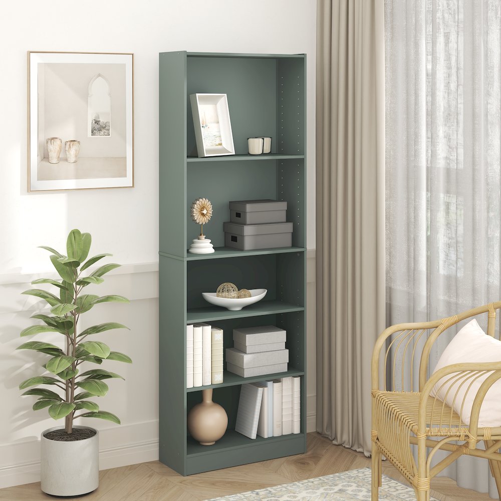 5-Tier Bookshelf, Bookcase, with Adjustable Shelves, Sage Green. Picture 5