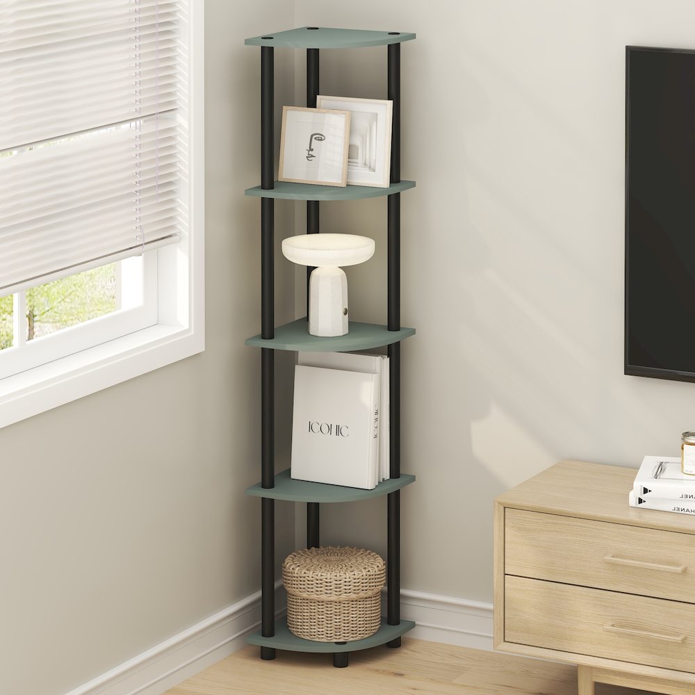 Corner Shelf, 5-Tier Corner Bookshelf, Open Storage Shelves, Sage Green. Picture 6
