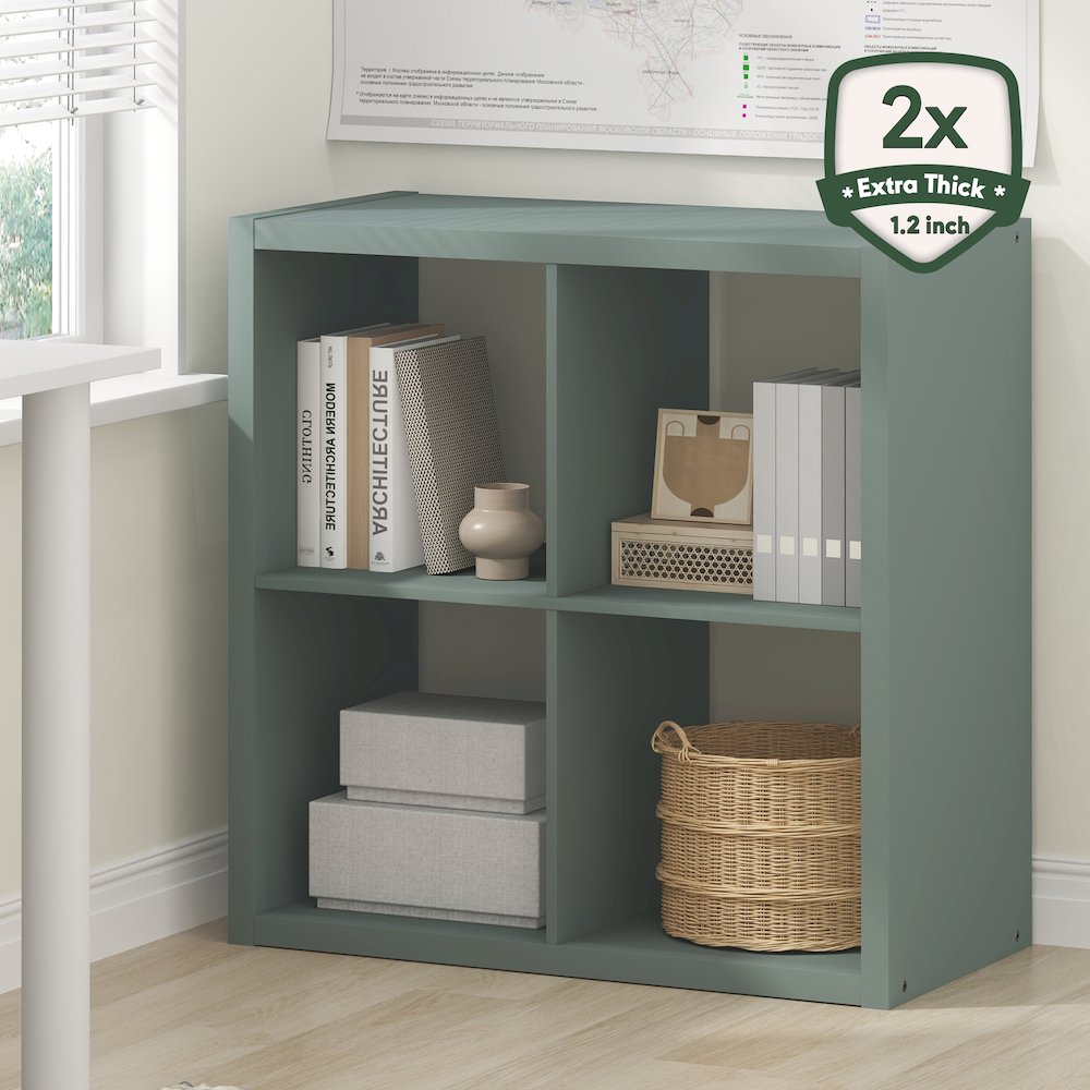 4-Cube Thick Frame Bookshelf, Reversible Bookcase with Open Back, Sage Green. Picture 4