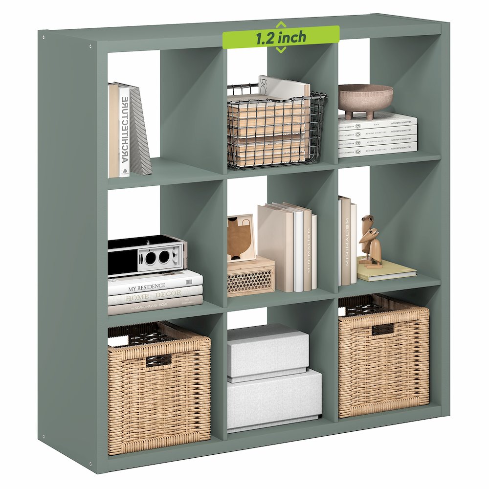 9-Cube Thick Frame Bookshelf, Reversible Bookcase with Open Back, Sage Green. Picture 3