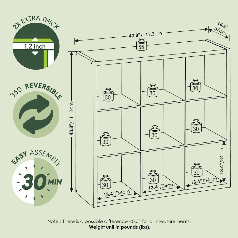 9-Cube Thick Frame Bookshelf, Reversible Bookcase with Open Back, Sage Green. Picture 6
