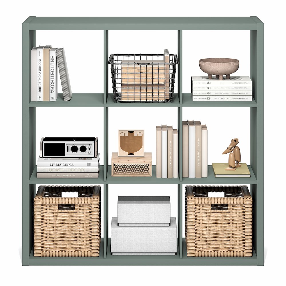 9-Cube Thick Frame Bookshelf, Reversible Bookcase with Open Back, Sage Green. Picture 2