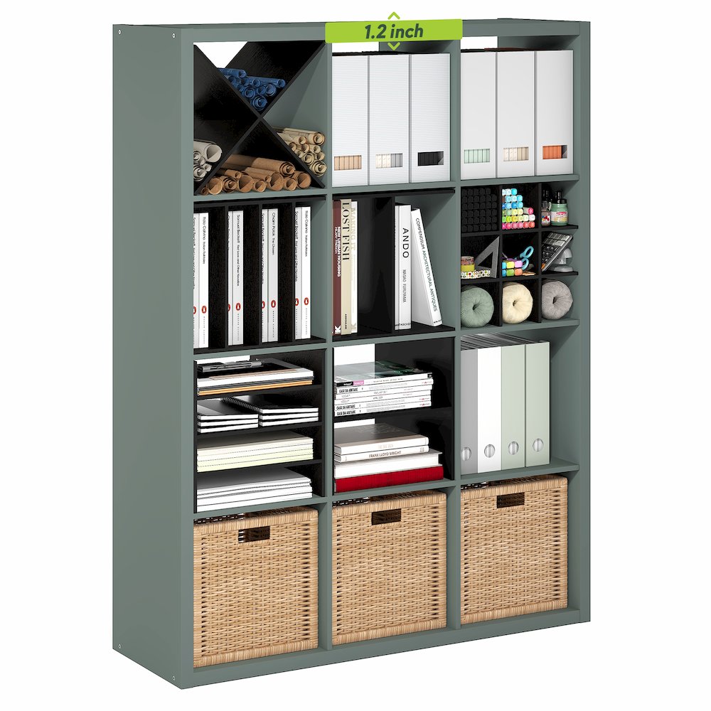 12-Cube Thick Frame Bookshelf, Reversible Bookcase with Open Back, Sage Green. Picture 3