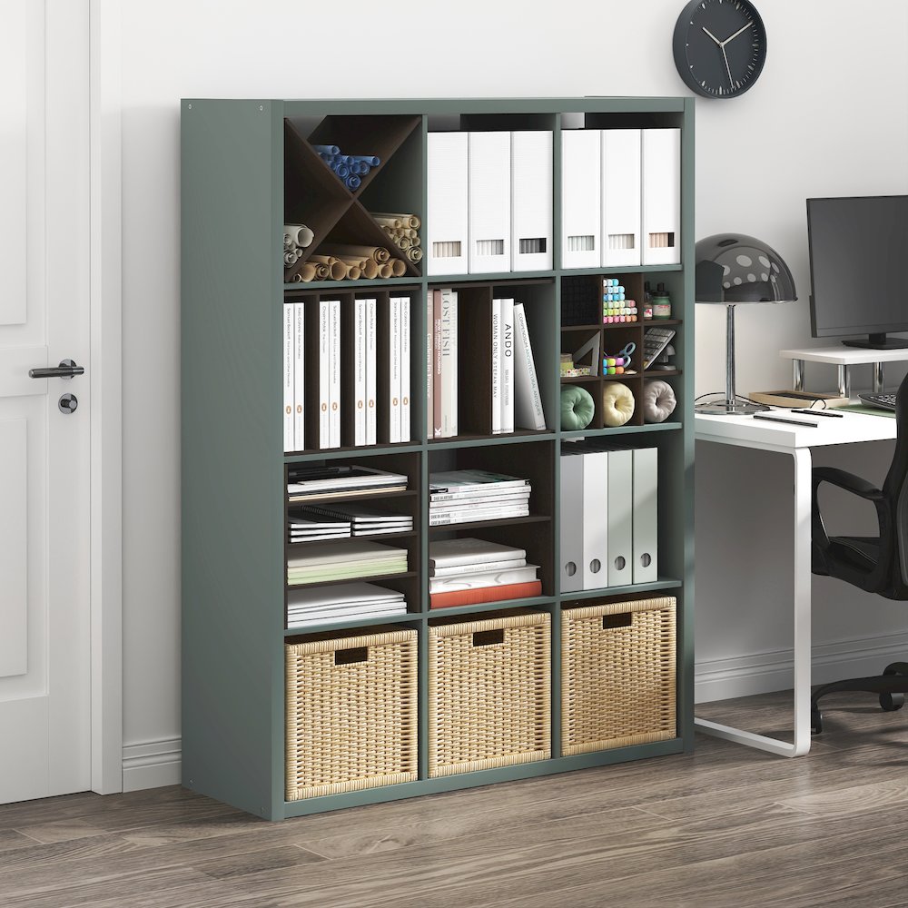 12-Cube Thick Frame Bookshelf, Reversible Bookcase with Open Back, Sage Green. Picture 4