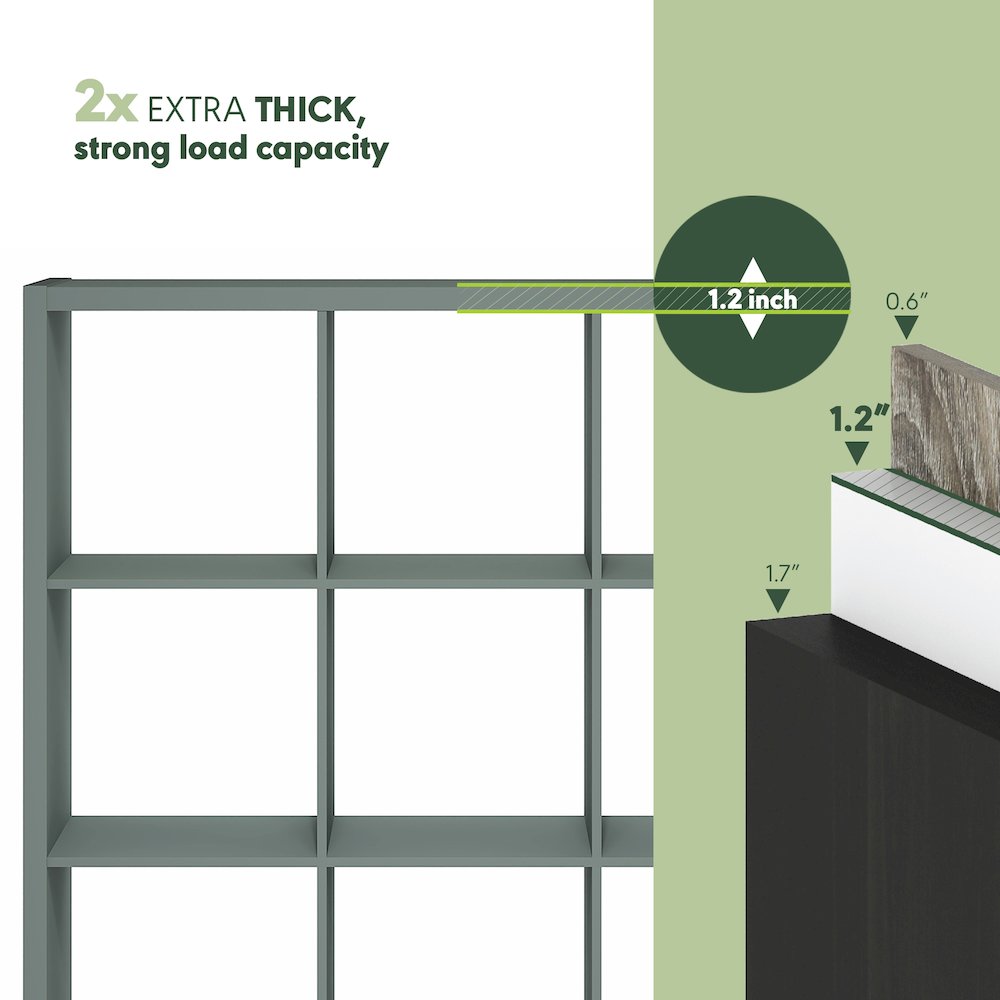 12-Cube Thick Frame Bookshelf, Reversible Bookcase with Open Back, Sage Green. Picture 5