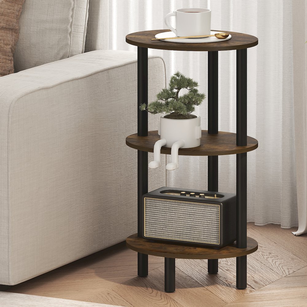 3-Tier 27.6" Tall Oval Nightstand, Bedside Table with Open Shelving, Amber Pine. Picture 4