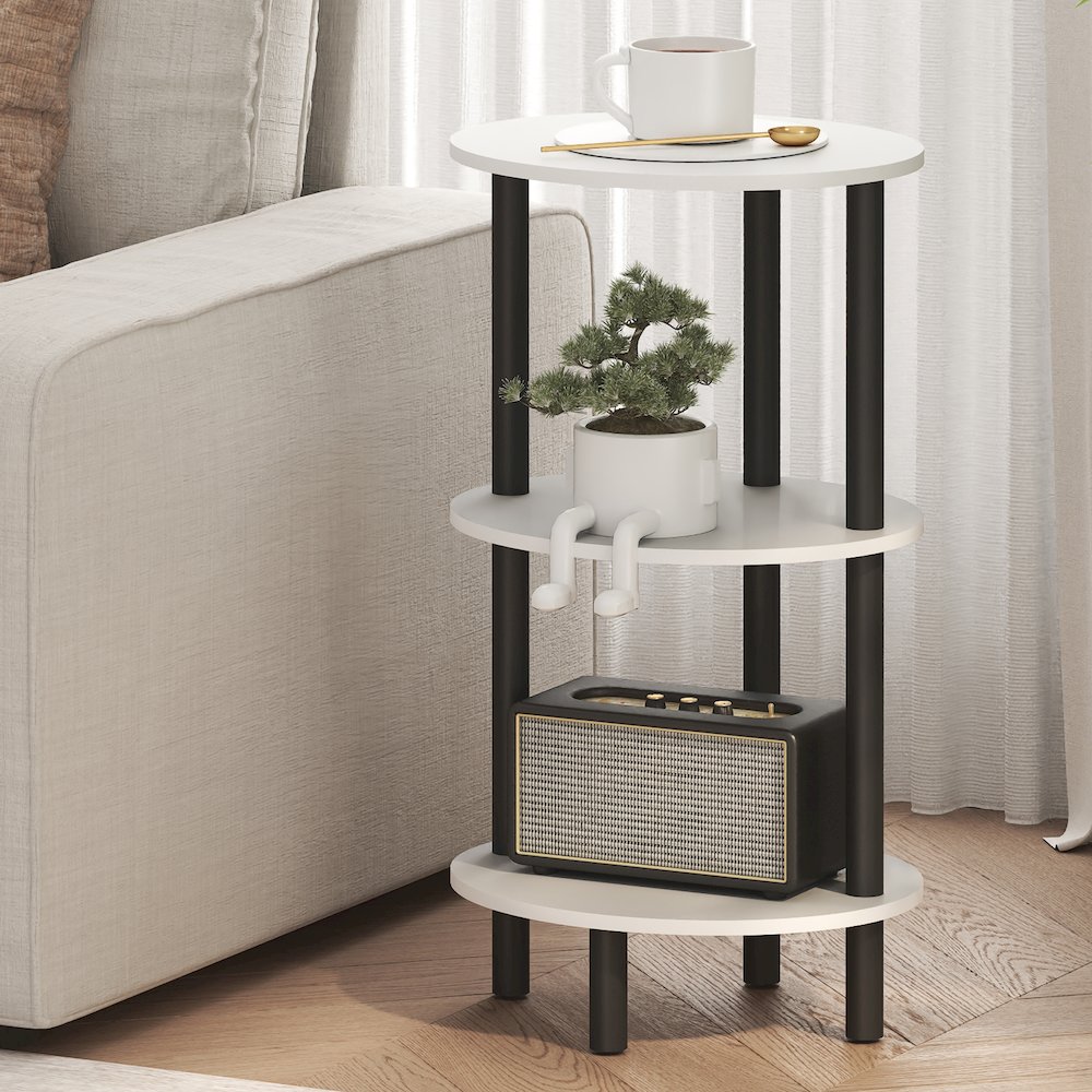 3-Tier 27.6" Tall Oval Nightstand, Bedside Table with Open Shelving, White. Picture 4