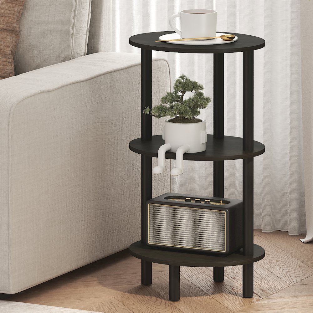 3-Tier 27.6" Tall Oval Nightstand, Bedside Table with Open Shelving, Espresso. Picture 4