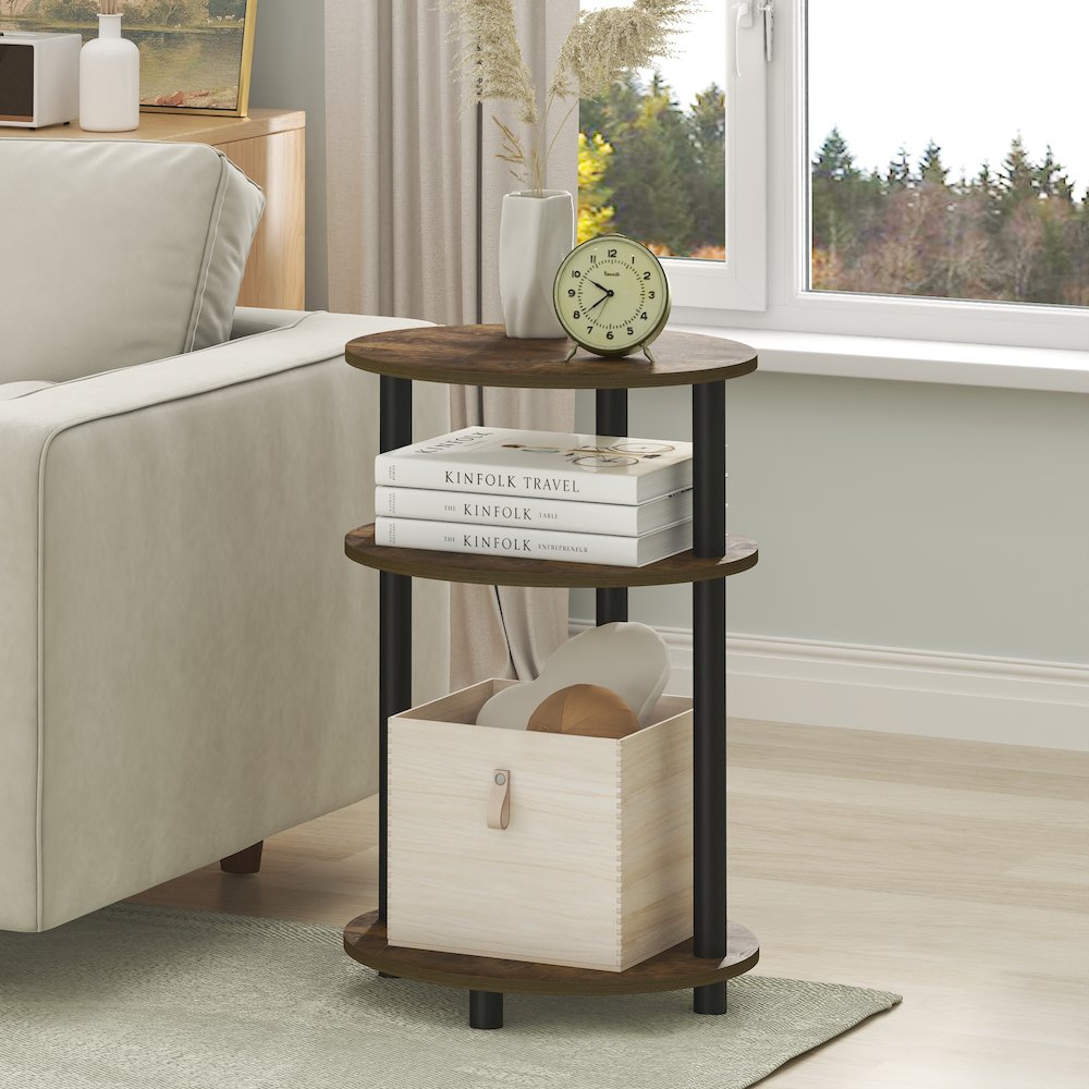 Side Table, 3-Tier Oval End Table, Night Stand, Bedside Table, Amber Pine/Black. Picture 3