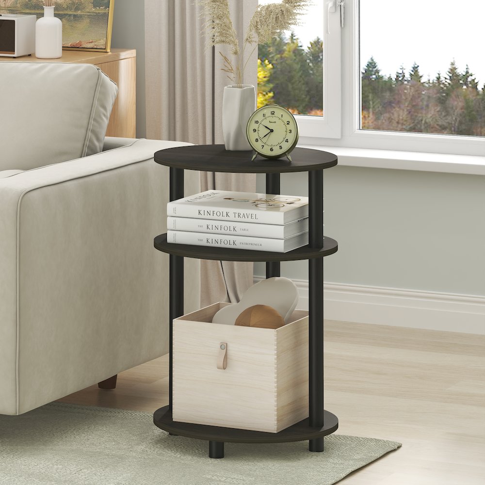 3-Tier 23" Oval Nightstand, Bedside Table with Open Shelving, Espresso. Picture 4
