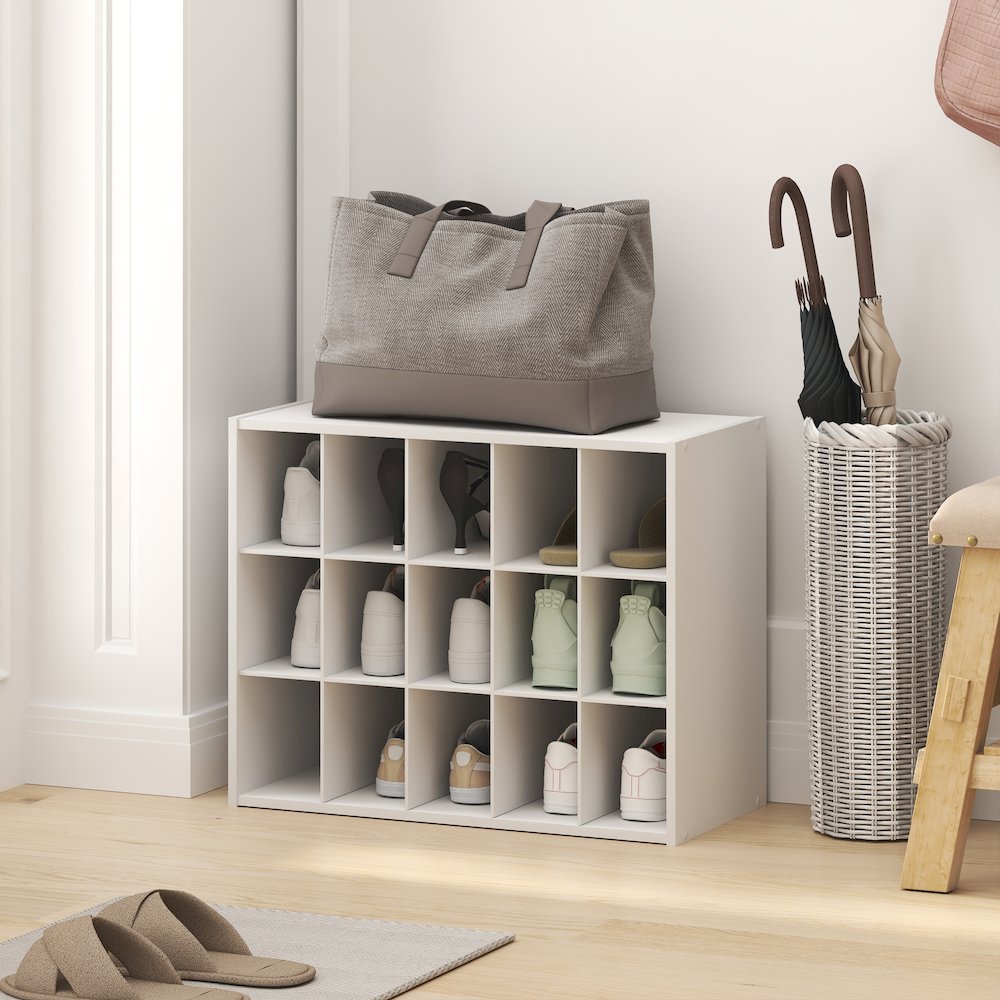 FANO Shoe Rack, 15-Cube Shoe Organizer, Stackable Shoe Storage, Black Dark Oak. Picture 3