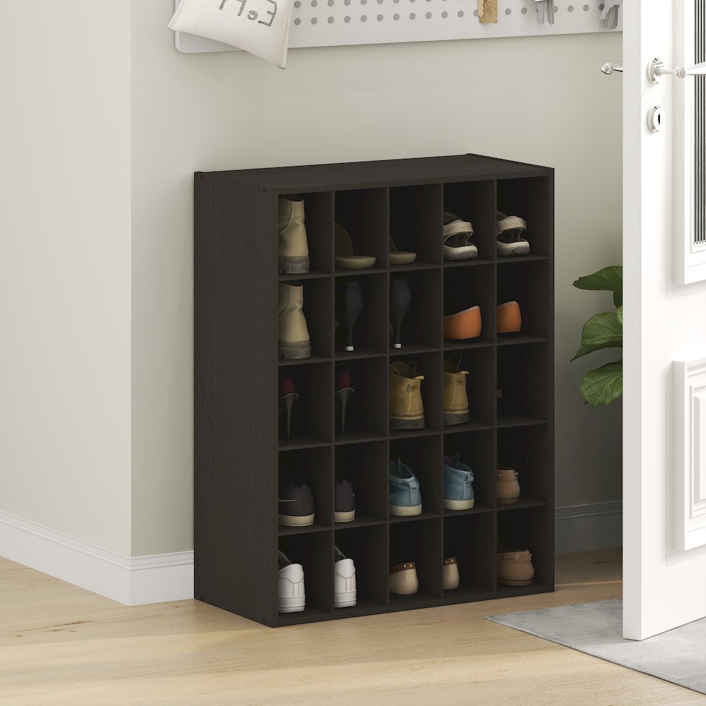 FANO Shoe Rack, 25-Cube Shoe Organizer, Stackable Shoe Organizer, Black Dark Oak. Picture 3