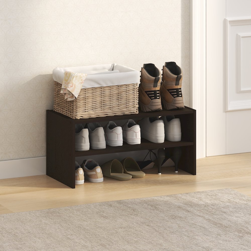 Shoe Rack, 24-Inch Width Shoe Organizer, Stackable Shoe Storage, Black Dark Oak. Picture 3