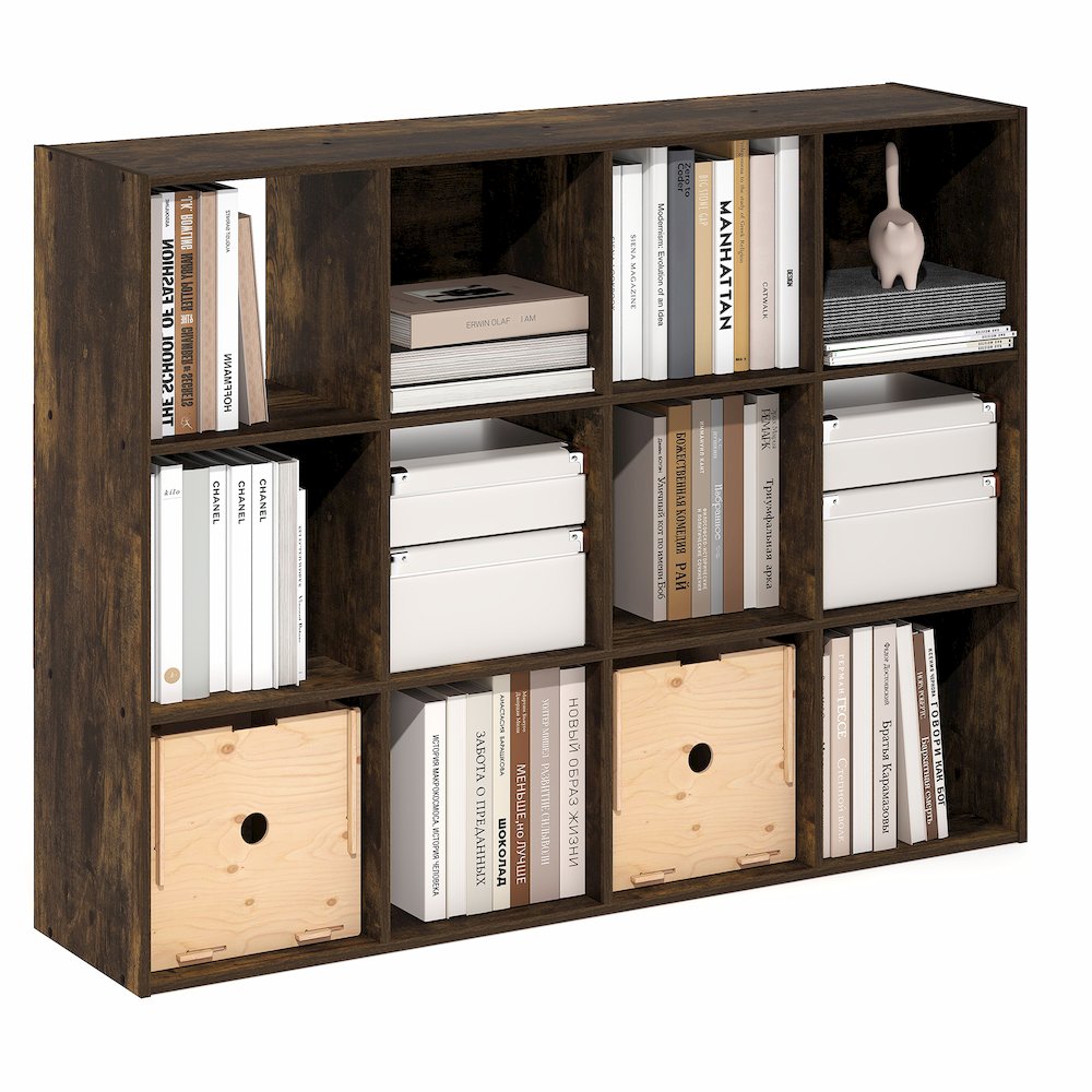 PELLI Book Shelf, 12-Cube Bookshelf, Cube Storage Organizer Bookcase, Amber Pine. Picture 4