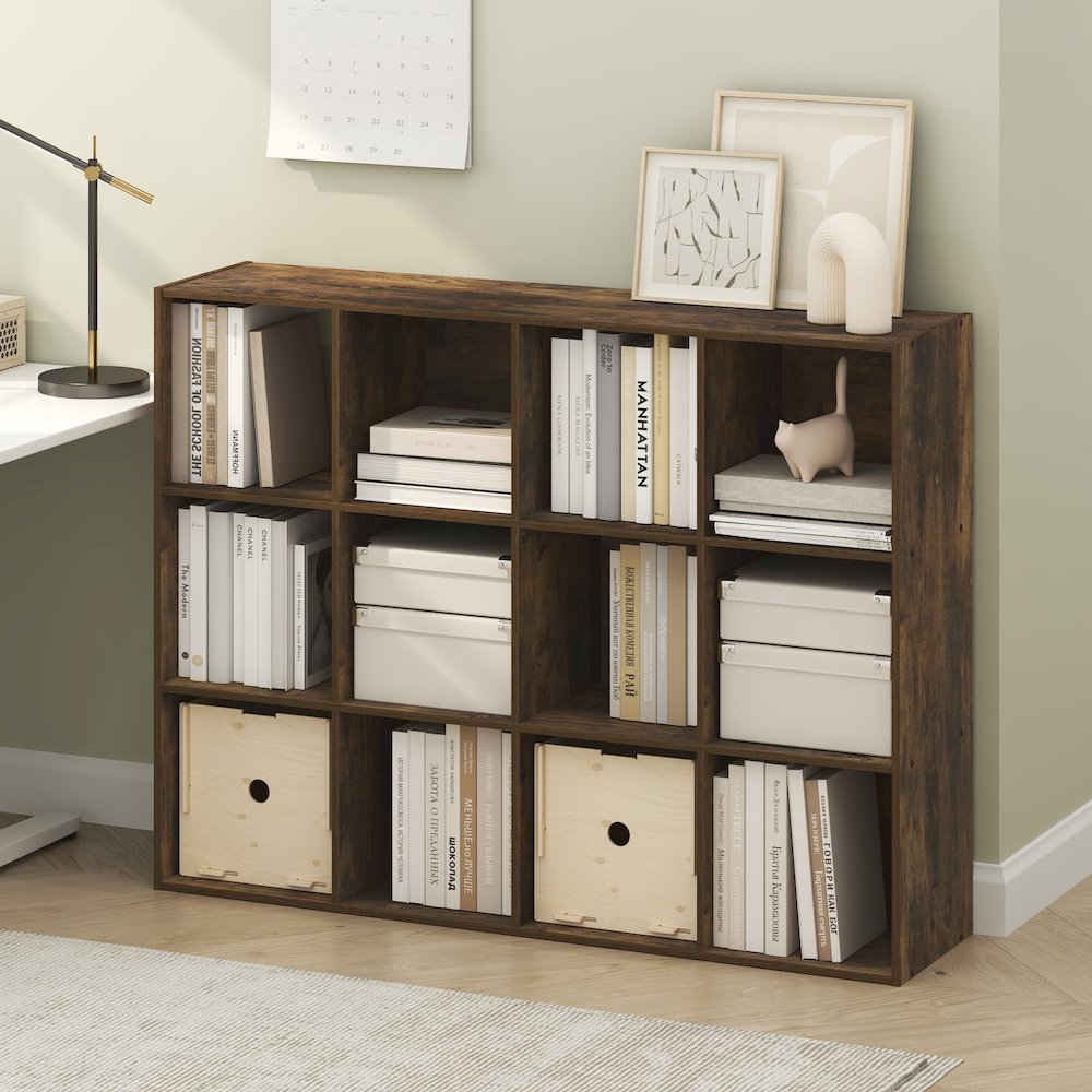 PELLI Book Shelf, 12-Cube Bookshelf, Cube Storage Organizer Bookcase, Amber Pine. Picture 3