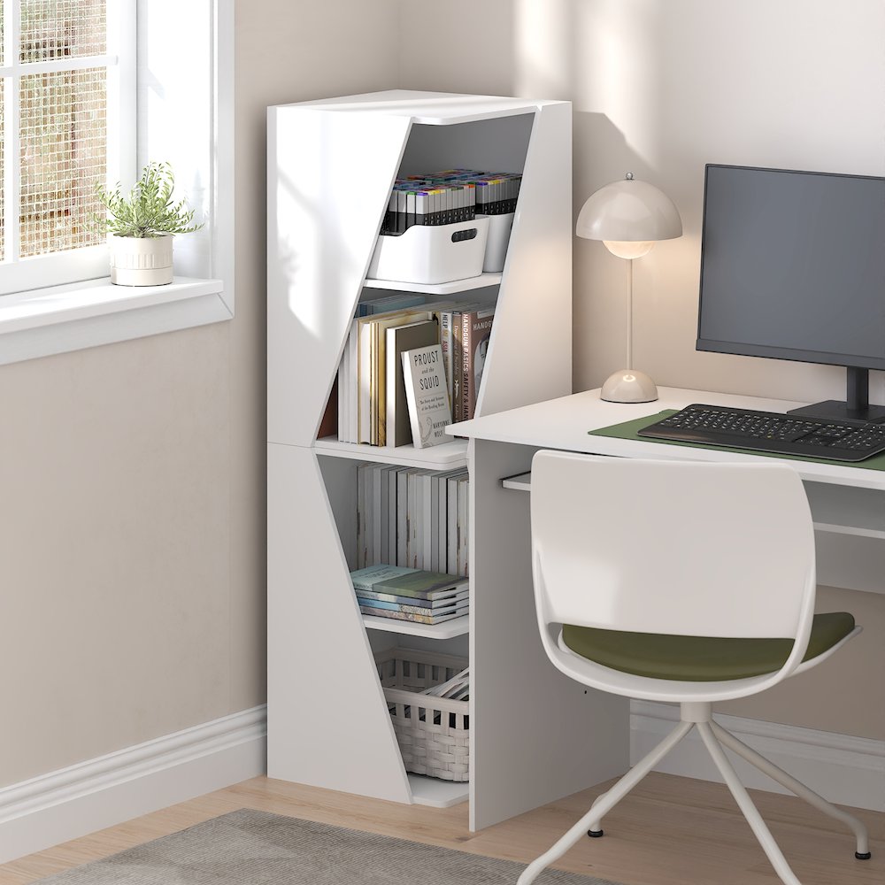 Stackable 2-in-1 Bookshelf, 4-Tier Corner Bookcase with Display Shelf. Picture 4