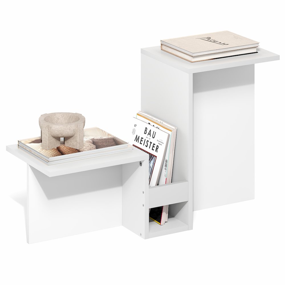 Valley Shaped End Table with Tiered Levels Shelf and Magazine Rack, White. Picture 3