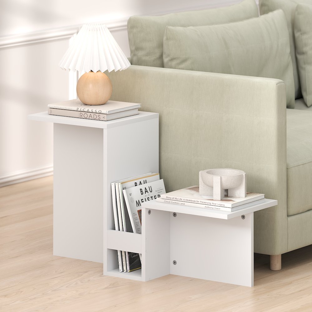 Valley Shaped End Table with Tiered Levels Shelf and Magazine Rack, White. Picture 4