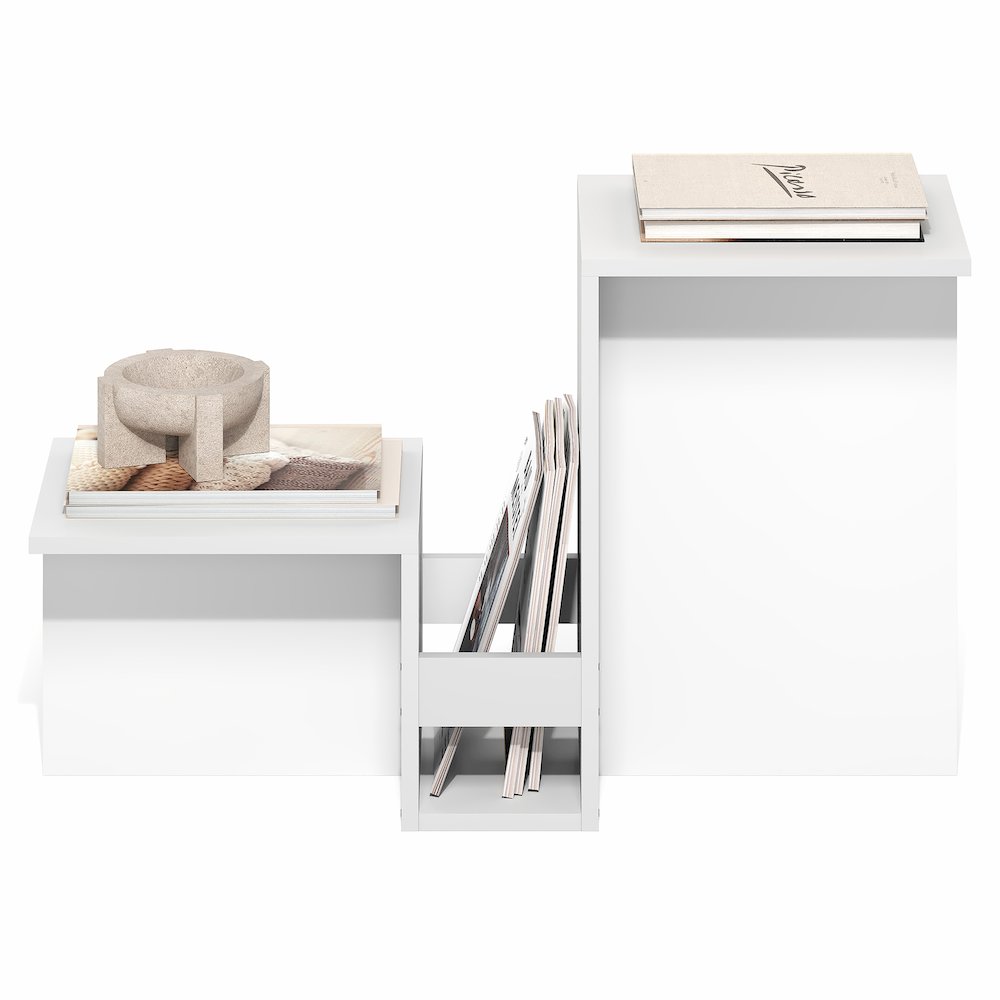Valley Shaped End Table with Tiered Levels Shelf and Magazine Rack, White. Picture 5