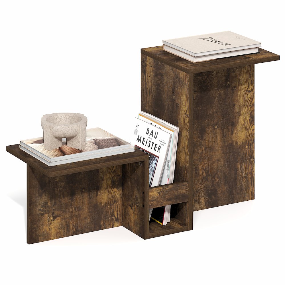 Valley Shaped End Table with Tiered Levels Shelf and Magazine Rack, Amber Pine. Picture 3