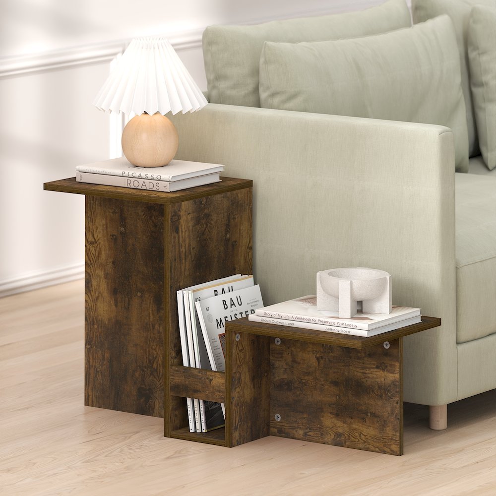 Valley Shaped End Table with Tiered Levels Shelf and Magazine Rack, Amber Pine. Picture 4