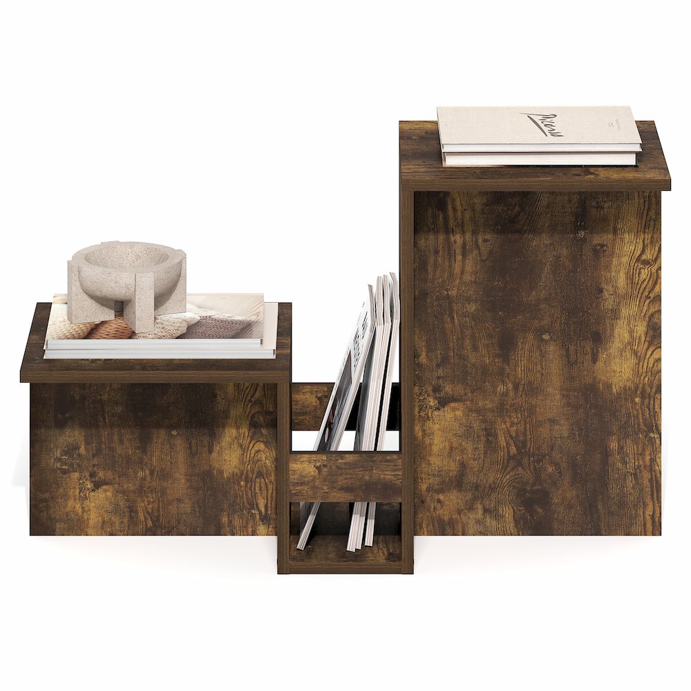 Valley Shaped End Table with Tiered Levels Shelf and Magazine Rack, Amber Pine. Picture 5