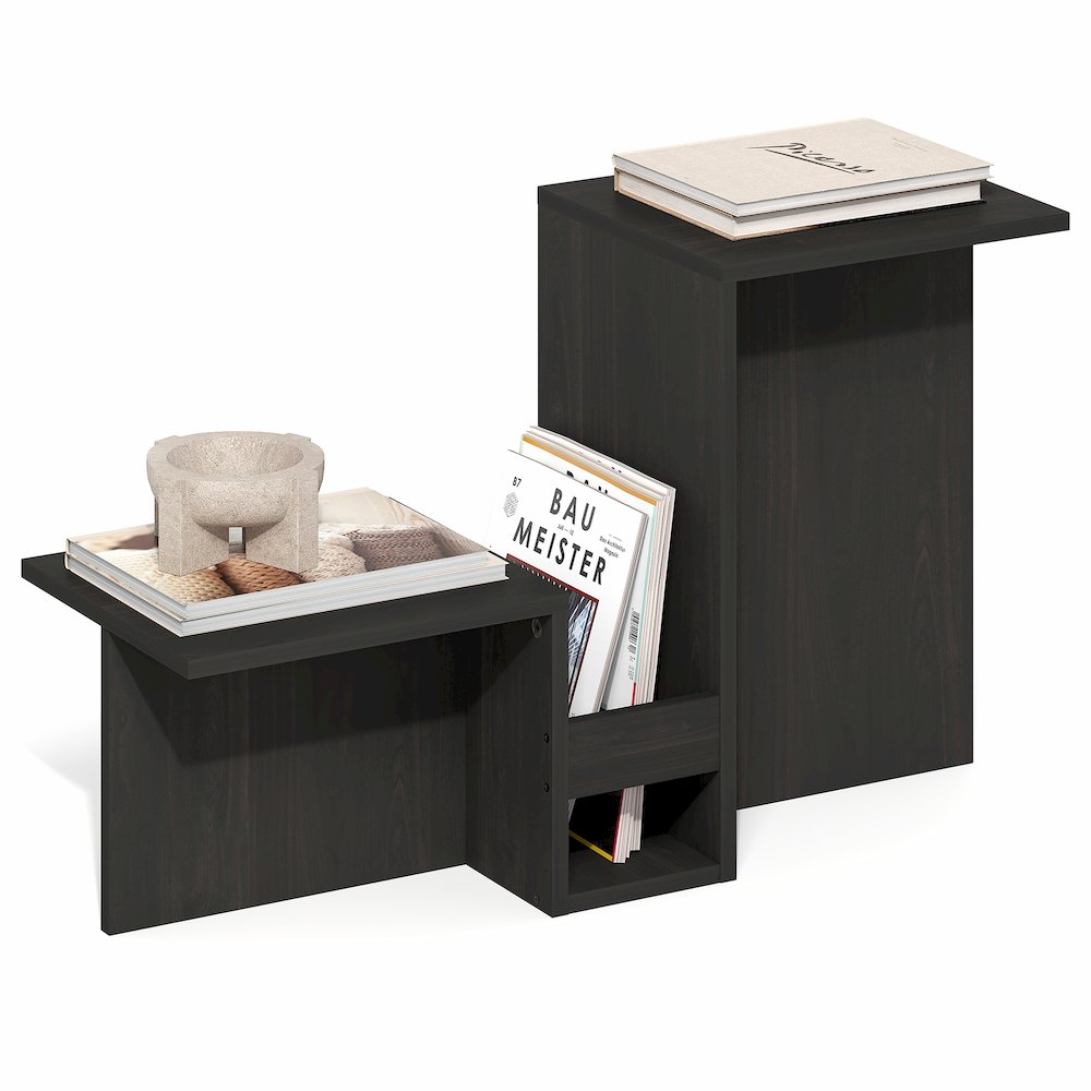 Valley Shaped End Table with Tiered Levels Shelf and Magazine Rack, Espresso. Picture 3