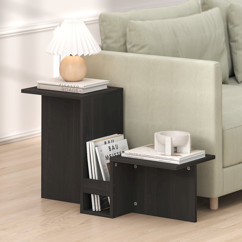 Valley Shaped End Table with Tiered Levels Shelf and Magazine Rack, Espresso. Picture 4