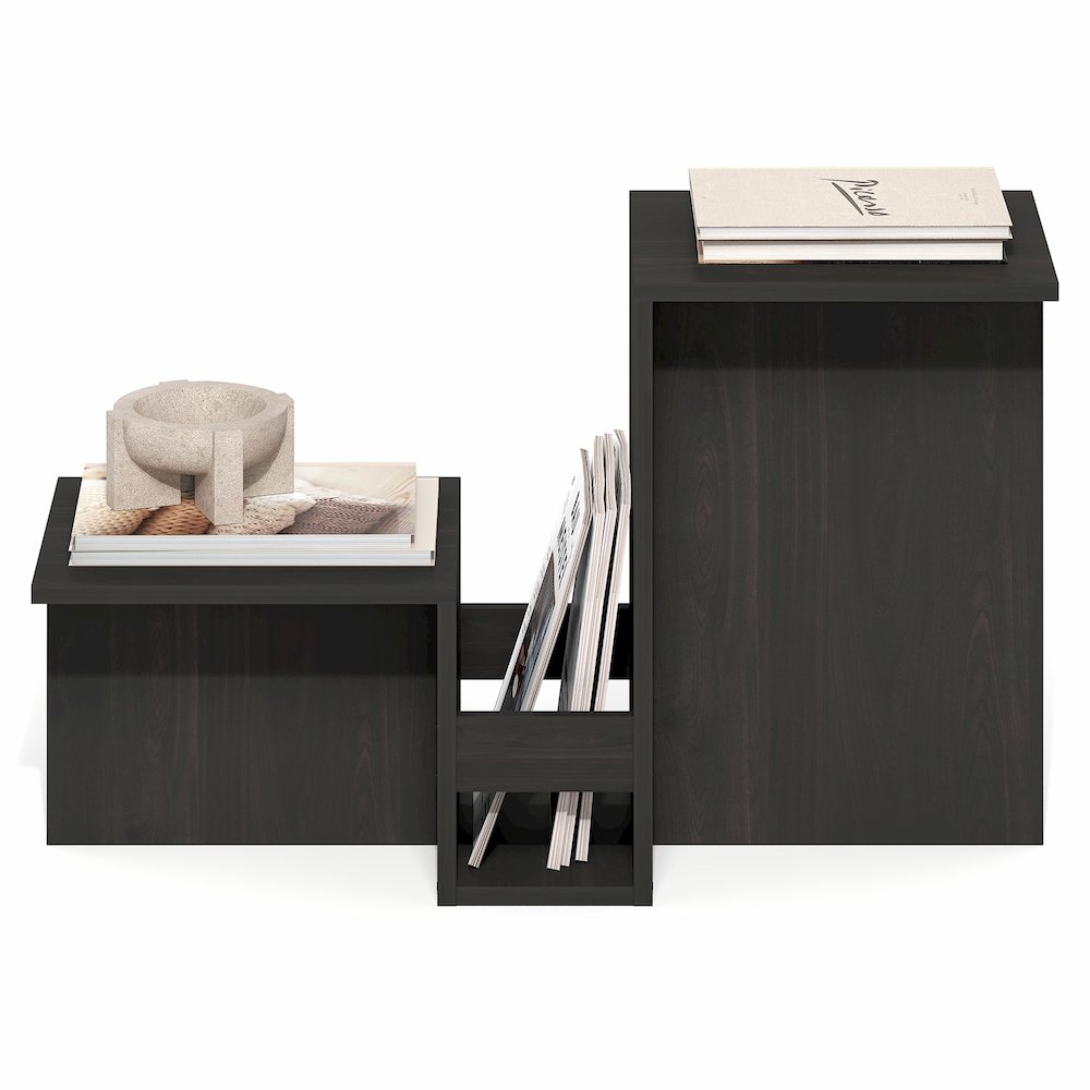 Valley Shaped End Table with Tiered Levels Shelf and Magazine Rack, Espresso. Picture 5