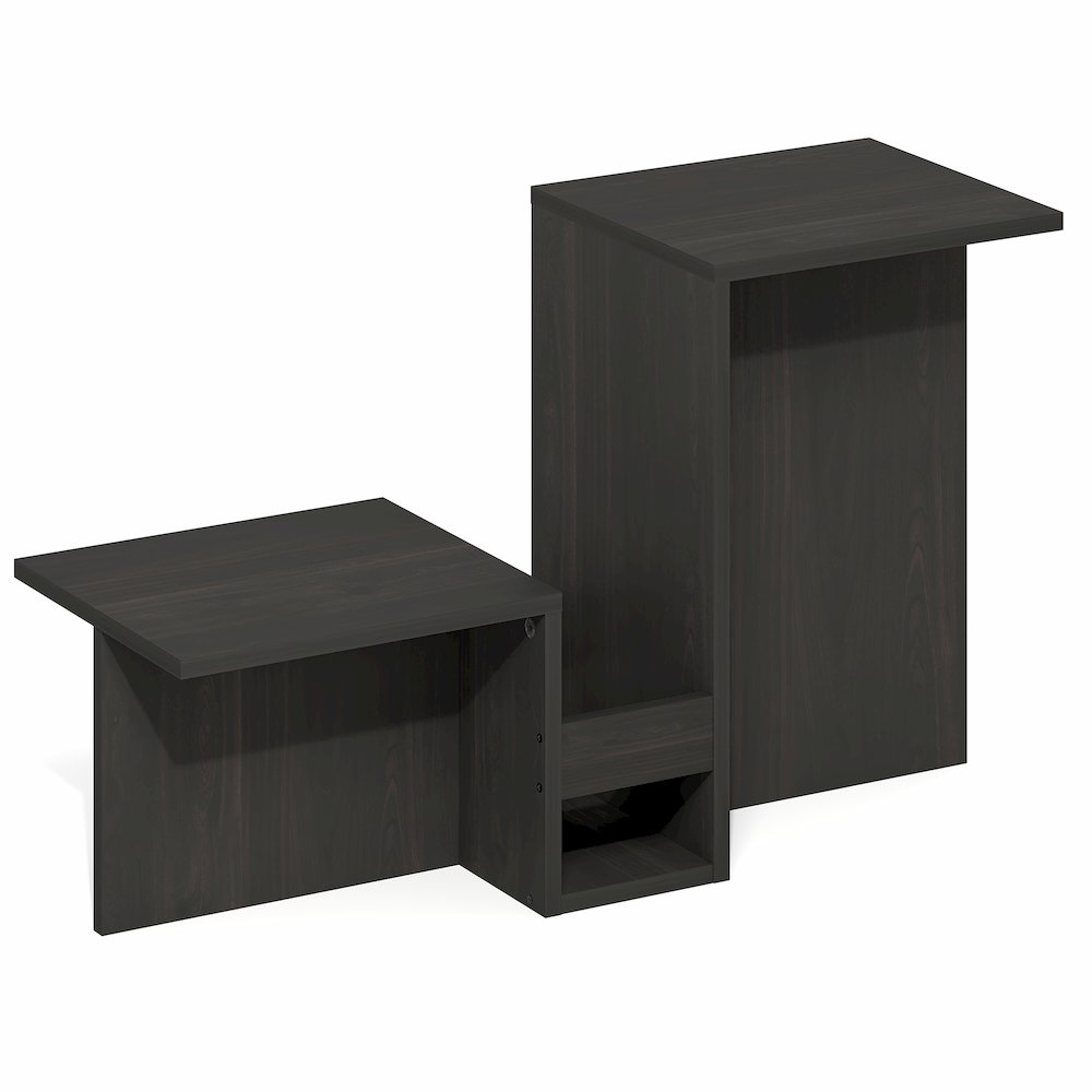 Valley Shaped End Table with Tiered Levels Shelf and Magazine Rack, Espresso. Picture 1