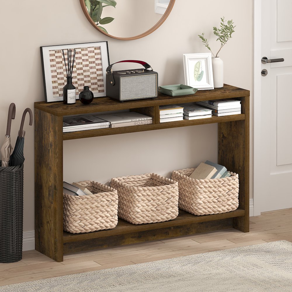 3-Tier Narrow Console Table with Extra Thick Frame and Storage Shelf, Amber Pine. Picture 3