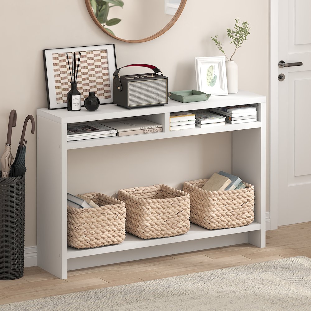 3-Tier Narrow Console Table with Extra Thick Frame and Storage Shelf, White. Picture 3