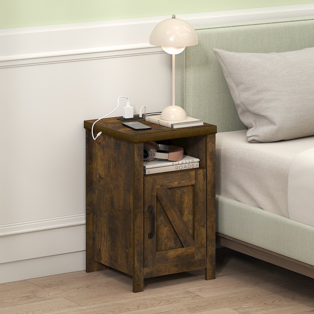 Night stand with Charging Station, Door, USB Ports and Outlets, Amber Pine. Picture 4
