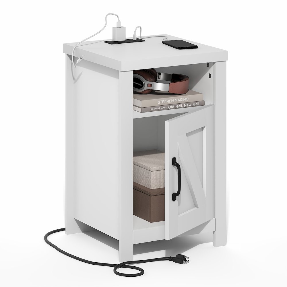 Night stand with Charging Station, Door, USB Ports and Outlets, White. Picture 2