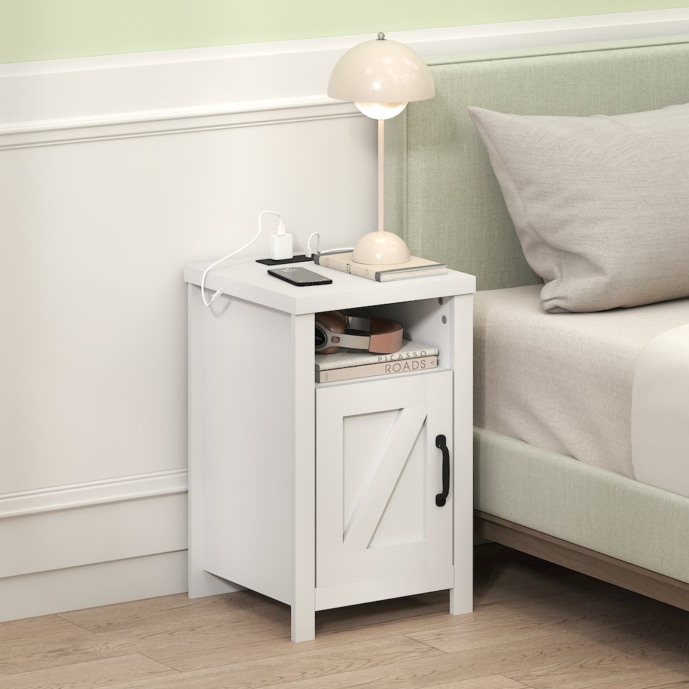 Night stand with Charging Station, Door, USB Ports and Outlets, White. Picture 3